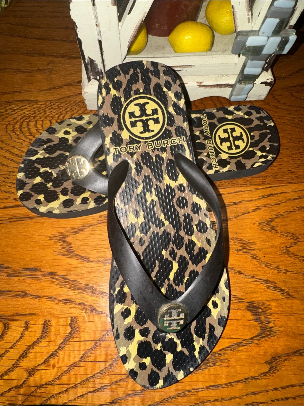 Tory Burch Leopard Print Flip Flops with Black Straps and Gold Logo - NWOT
